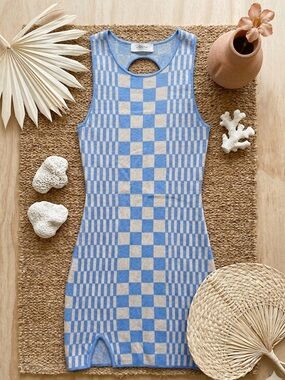 MAHINA Women’s Sky Blue Checkerboard Knit Dress - Retro 60s Style Summer Mini